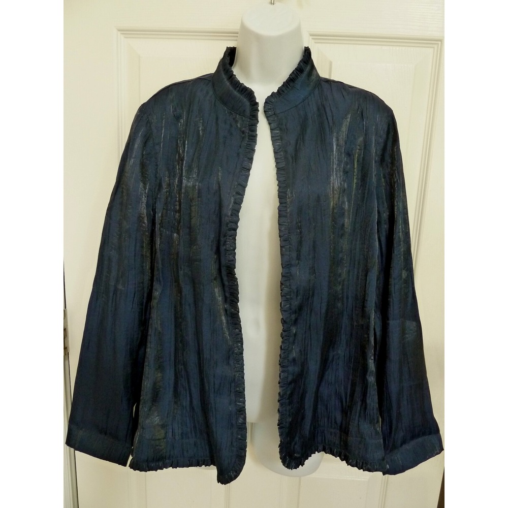 Chico's Navy Blue Crepe Ruffle Jacket Shiny Finish Size 2 Large 12/14